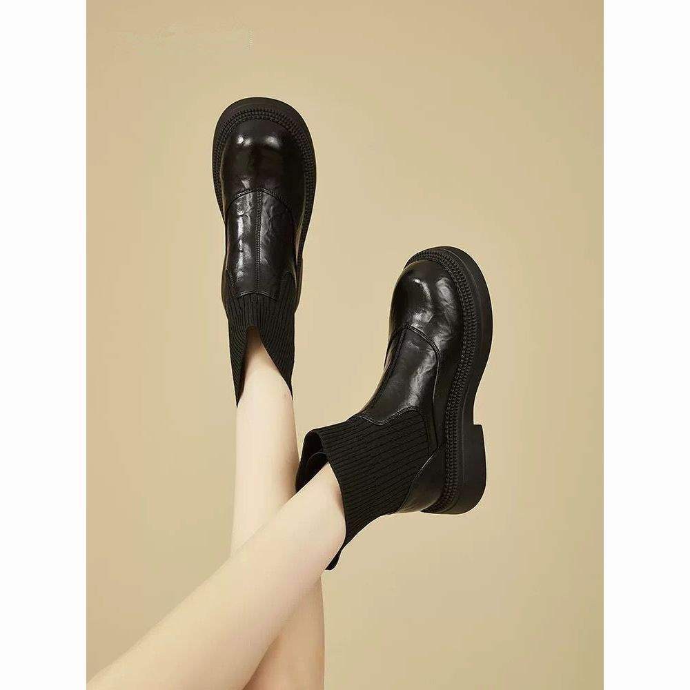 Elastic Thin Boots Women's Autumn and Winter Thick-soled Velvet Heightening Socks Boots Round Head 2025 Short Boots New Chelsea British Style