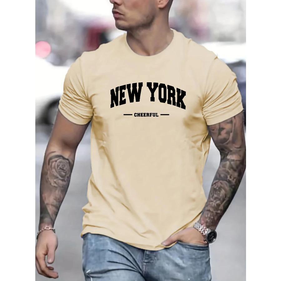 Men's 100% Pure Cotton Summer Loose Fit Oversized New York Cheerful Print Casual Slim Fit Round Neck Short Sleeved T-shirt Top