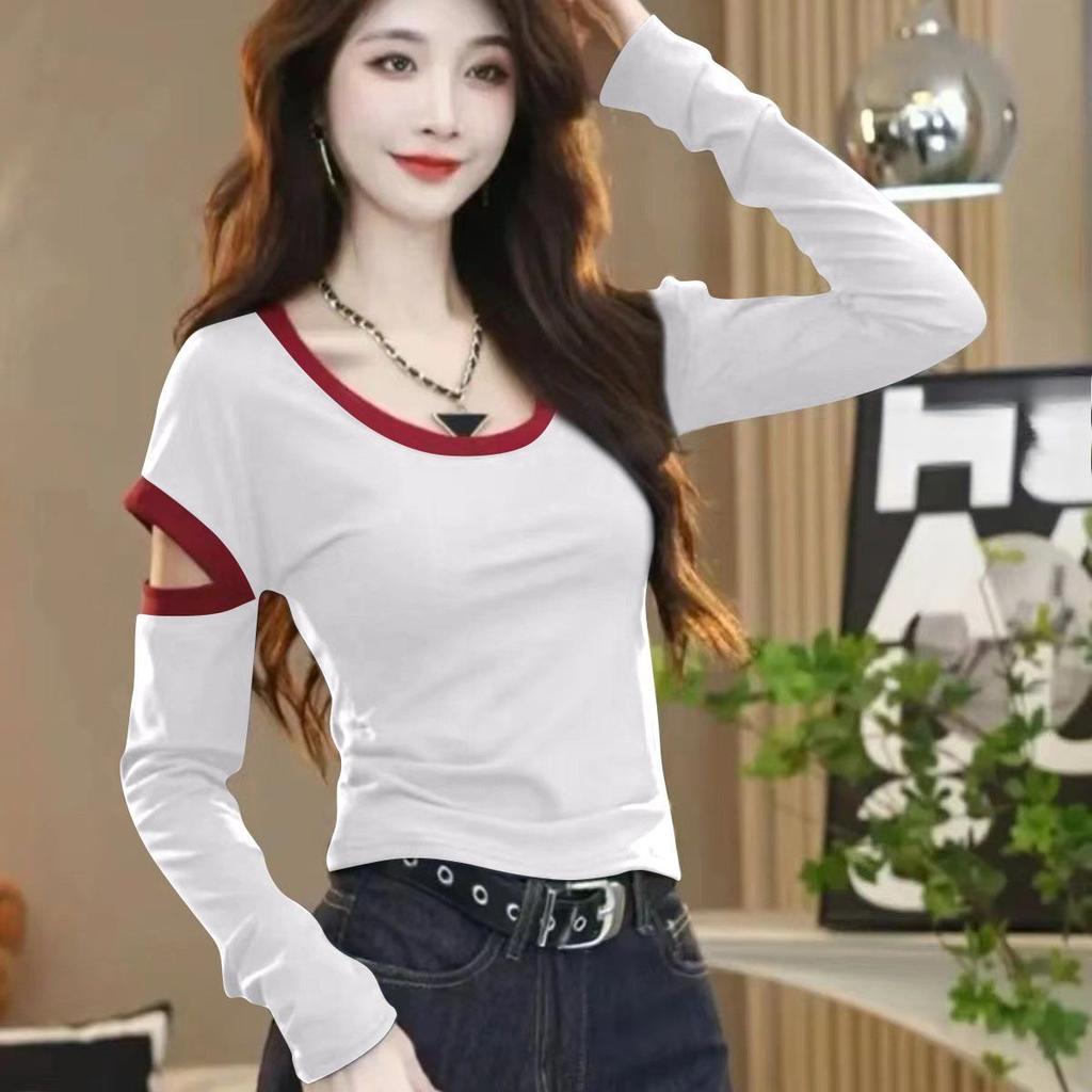 Módny jednofarebný top s výrezmi, okrúhlym výstrihom a dlhým rukávom, slim fit pre ženy
