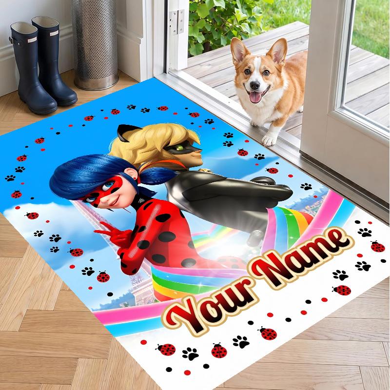 Custom Name Miraculous Ladybug Crystal Velvet Floor Rug Personalized Text Soft Carpet Home Decor