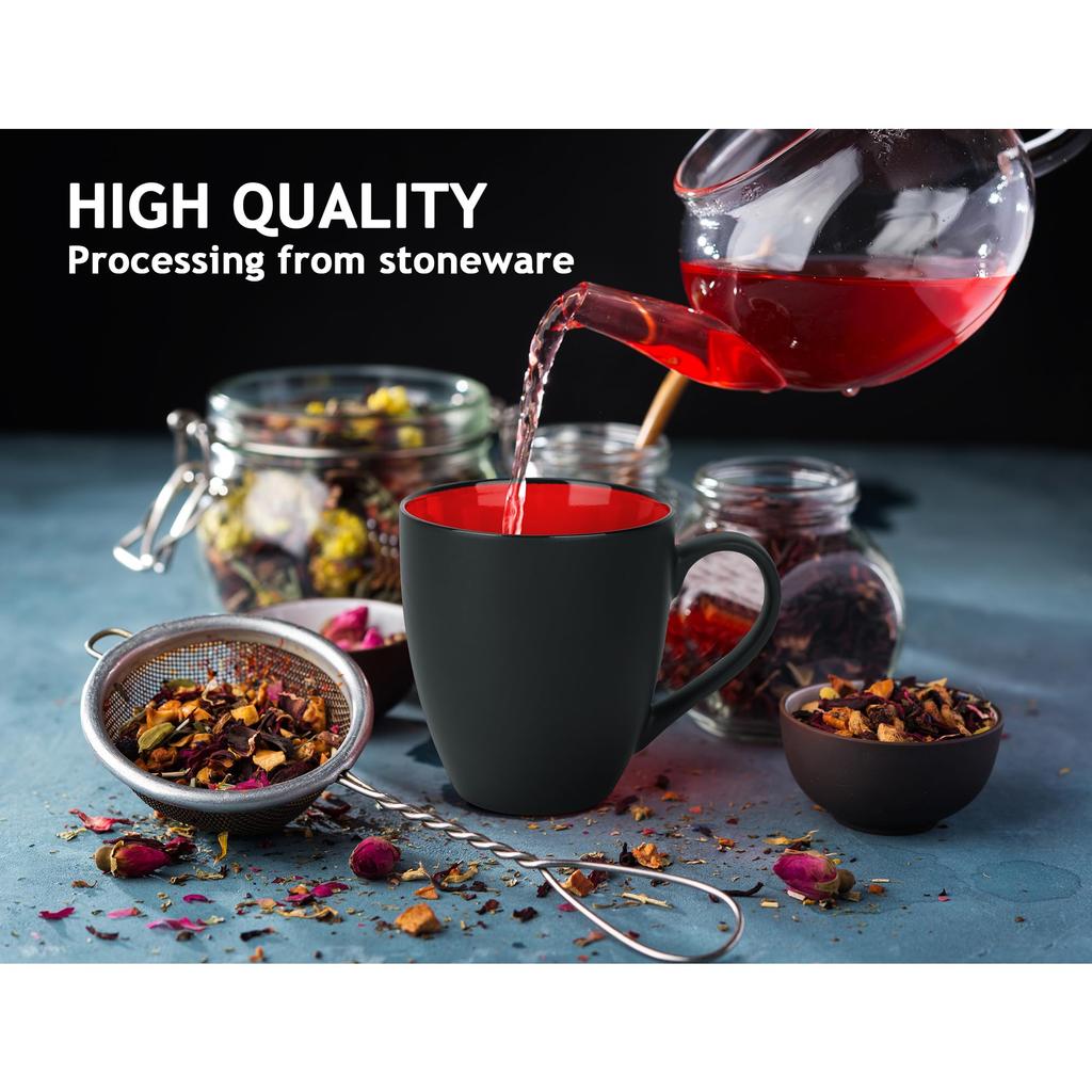 MIAMIO - 6 x 350 ml Stoneware Coffee Mugs/Cups Set, Black Exterior, Colorful Interior