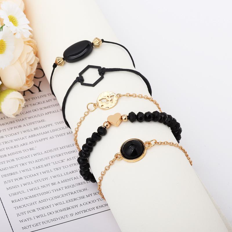 New European and American models, handmade black beaded map bracelet, round inlaid geometric black gemstones 1-piece set