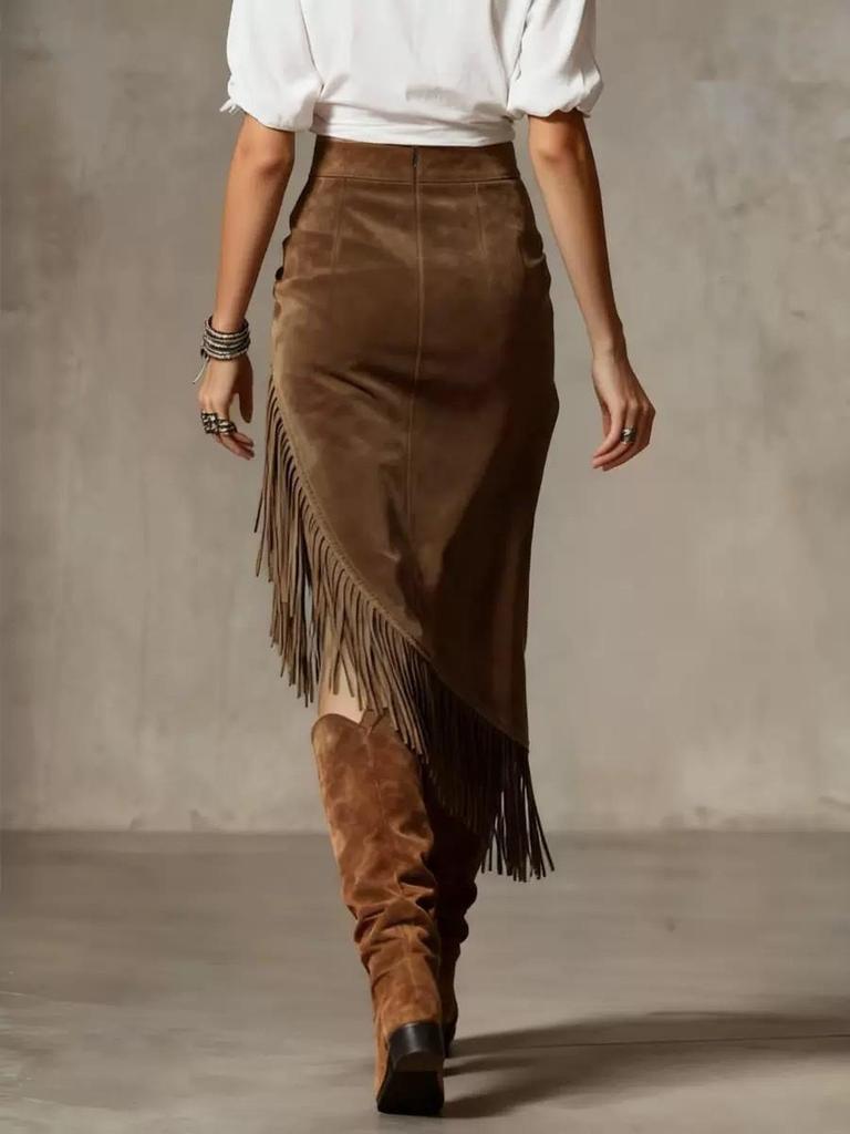 Retro Western European Suede Skirt with Irregular Design, Solid Color, 2026 Style