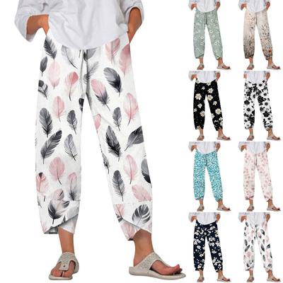 Pants For Women Summer Casual Wide Leg Elastic Waist Print Pants With Pockets