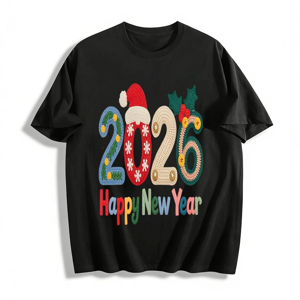 

2026 New Year Themed Embroidered Christmas Element Casual Top Pure cotton T-shirt XXS