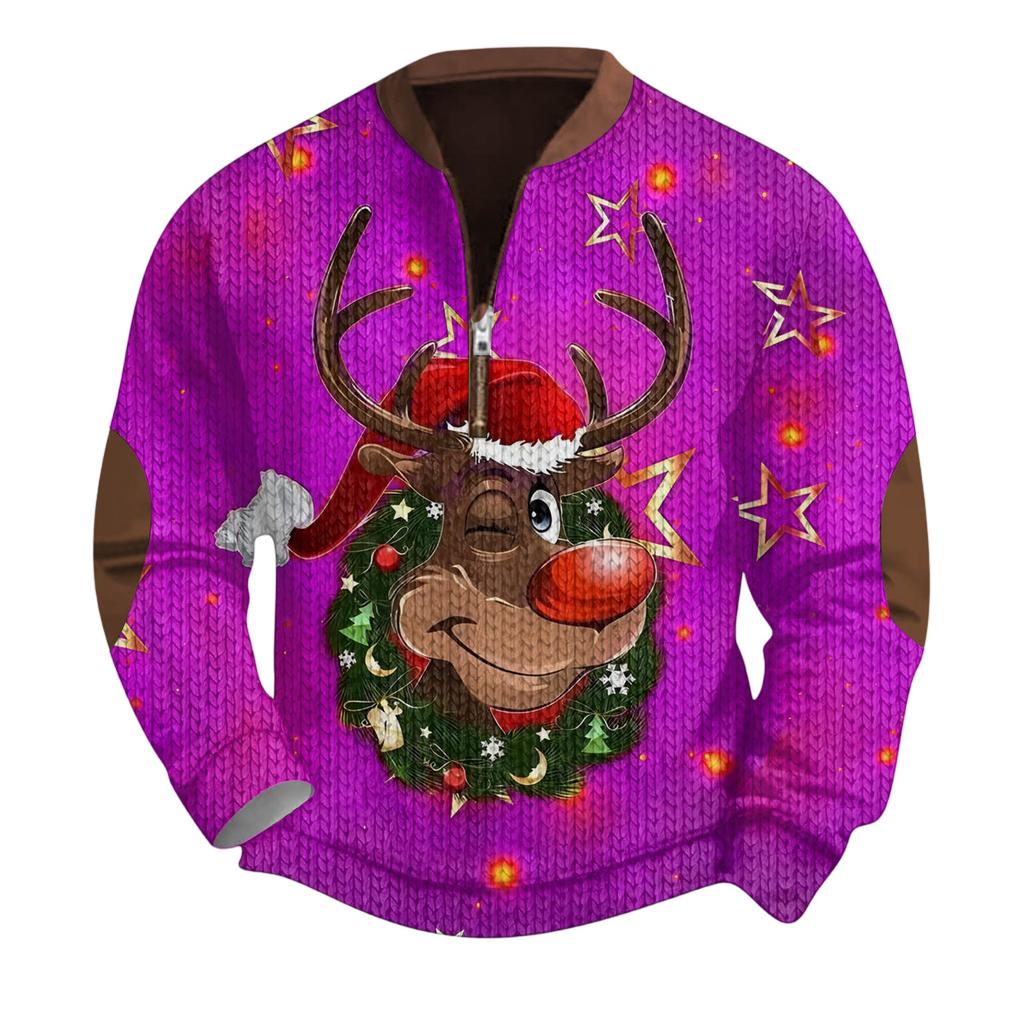 Mens Christmas Sweater Zip Up Sweatshirts Vintage Knit Graphic Sweatshirt Xmas Stand Collar Pullover