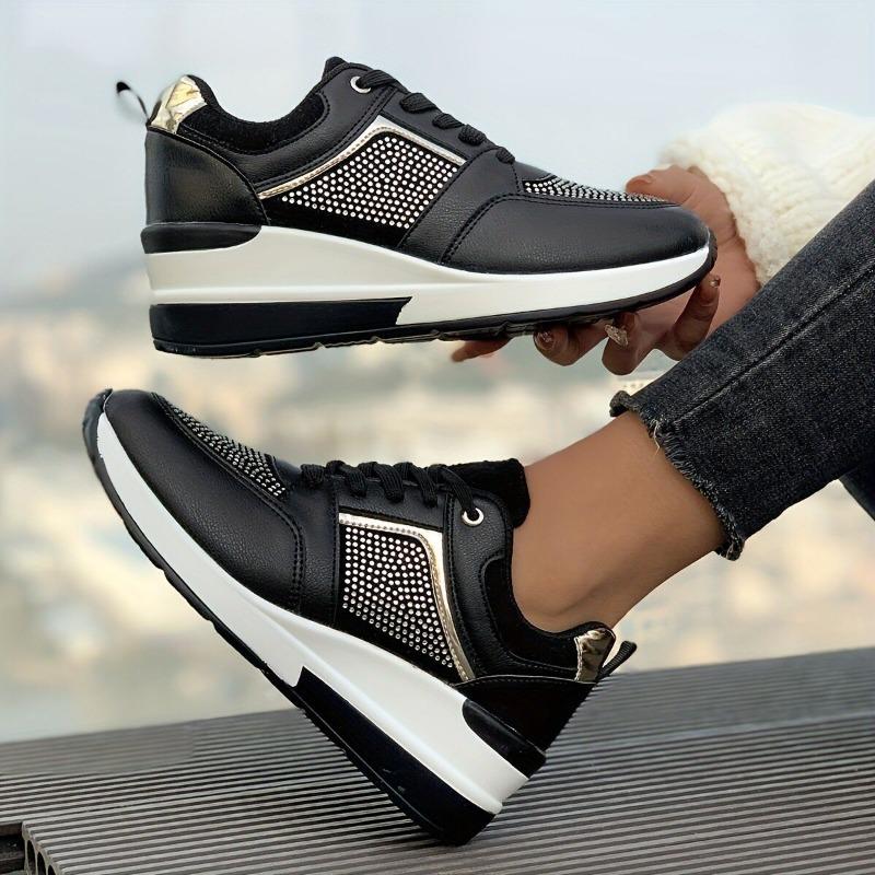 Spring and autumn new color matching lace-up wedge heel platform women's single shoes large size rhinestone sports and leisure shoes women
