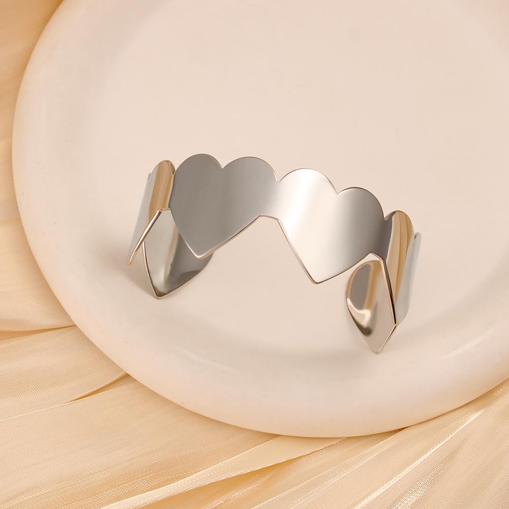 18K Gold Heart-Shaped Open Wide Band Bracelet - European Style, Highly Polished Stainless Steel