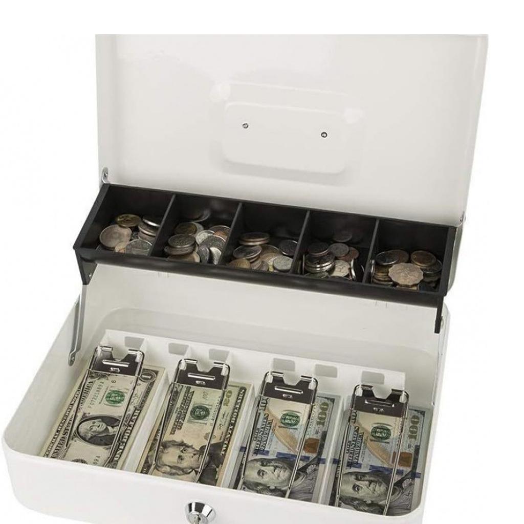 Metal Cash Box with Lock and Key Portable Money Storage Organizer for Bills and Coins with Removable Coin Tray and Bill Clips