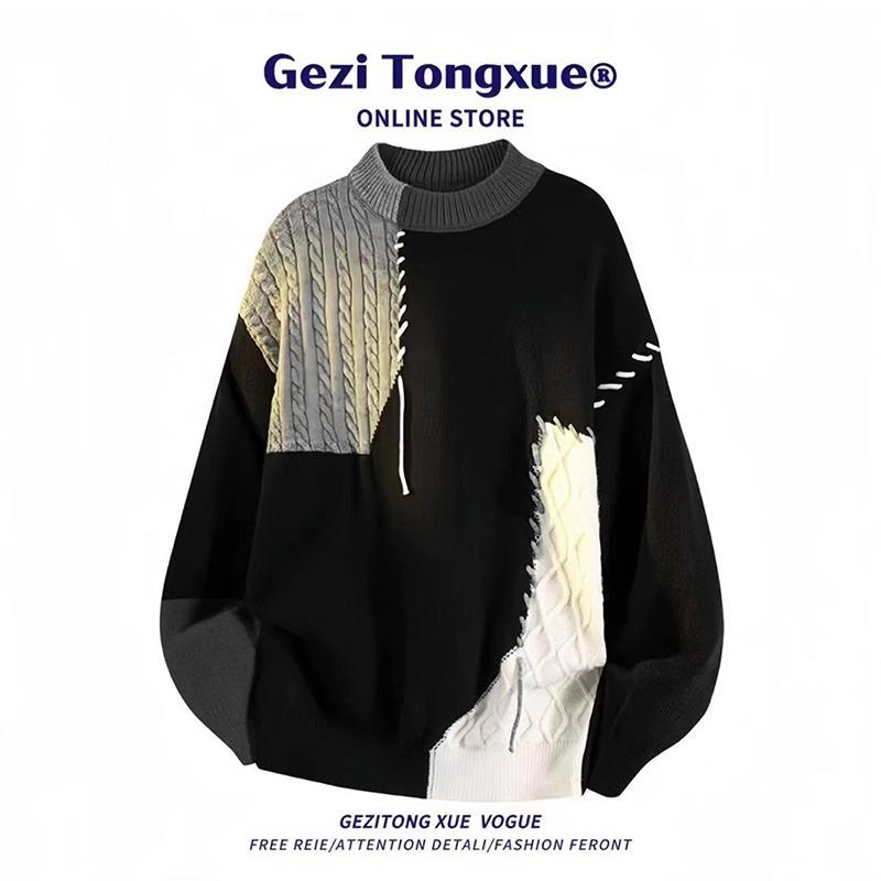 

Men s Plus Size Color Block Cozy Round Neck Sweater - Dopamine Knitwear for Autumn/Winter XL чорний