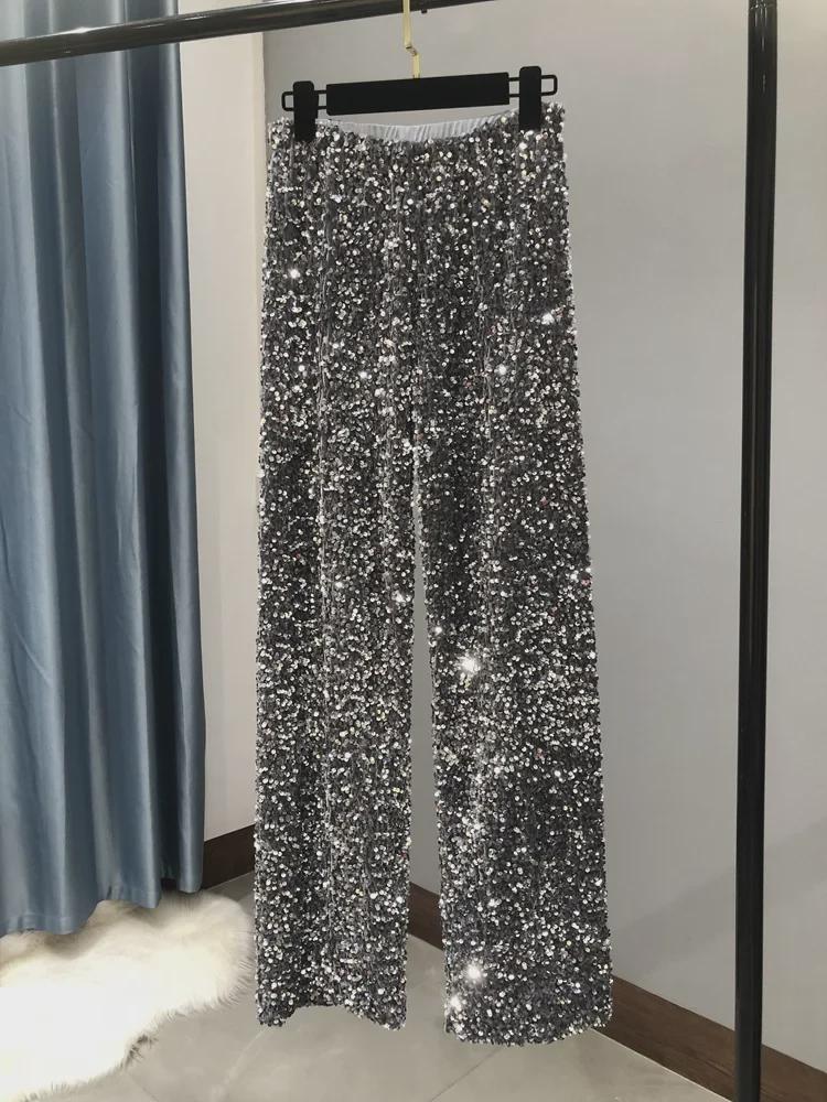 Women's Korean Velvet Sequin Wide-Leg Pants – Thick, Shiny, Extended Straight Fit for Autumn and Winter