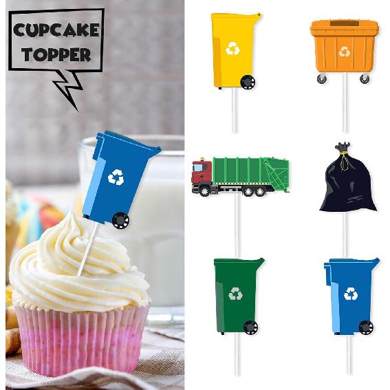 18pcs Green Glitter Garbage Truck Trash Cans Dessert Cupcake Topper Truck Waste Management Recycling Theme Decor Supplies Boys Girls Happy Birthday