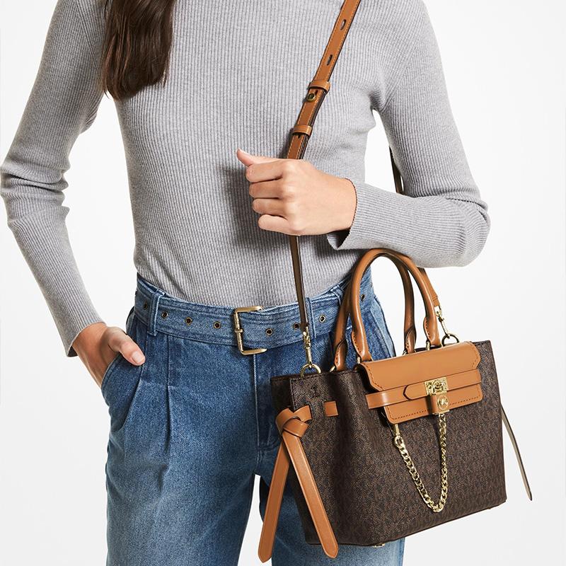 New MICHAEL KORS Hamilton Legacy Cow Leather Shoulder Bags Handbags Small Size Women's Dark Brown/Acorn Brown 30F1G9HS5B-252