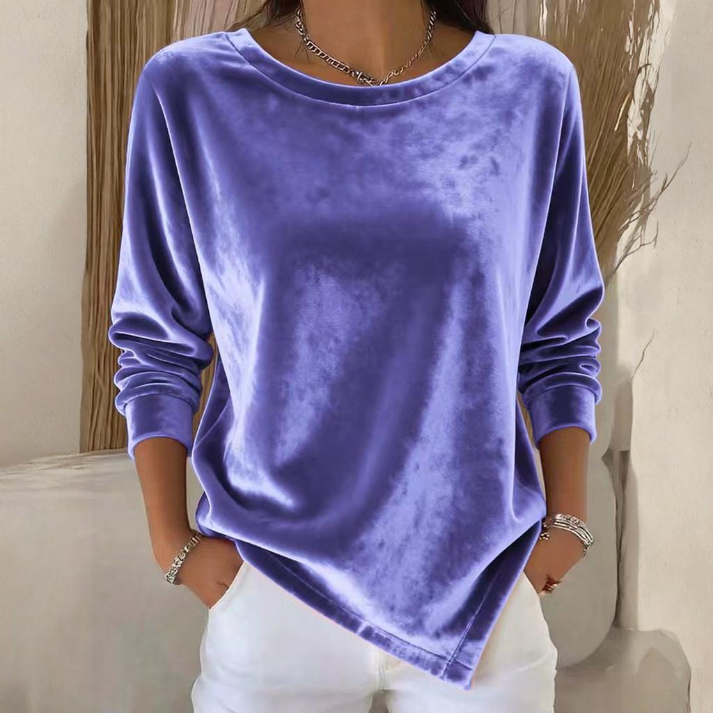 Damen Casual Rundhals Samt Farb Langarm Oberteil