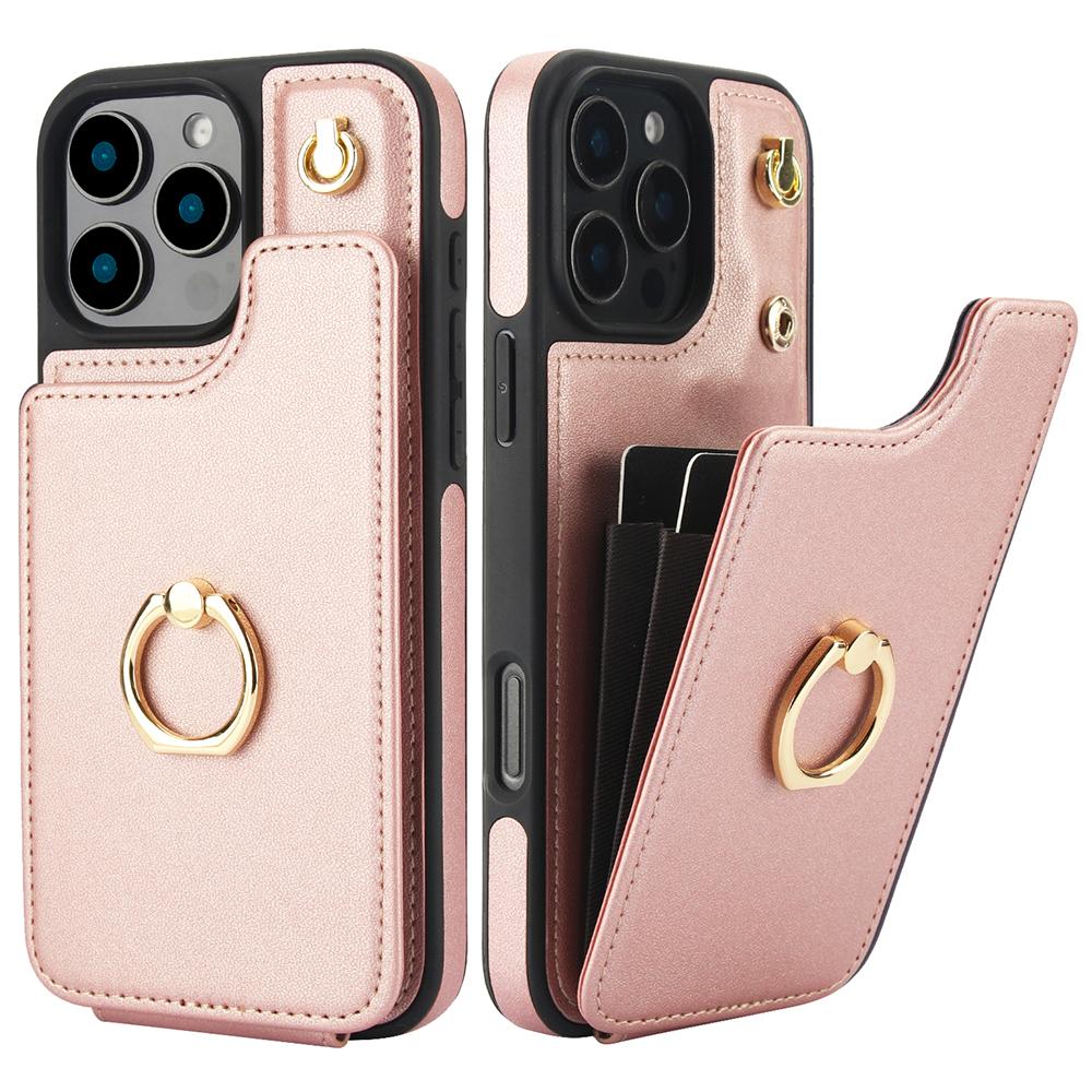

For iPhone 16 Pro Max Case Card Holder Kickstand PU+TPU Phone Cover with Shoulder Strap Rose Gold