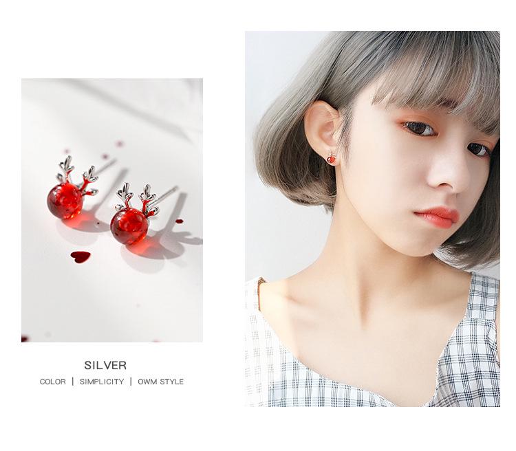 S925 Sterling Silver Garnet Reindeer Antler Stud Earrings - Cute Christmas Gift with Japanese and Korean Girlish Style