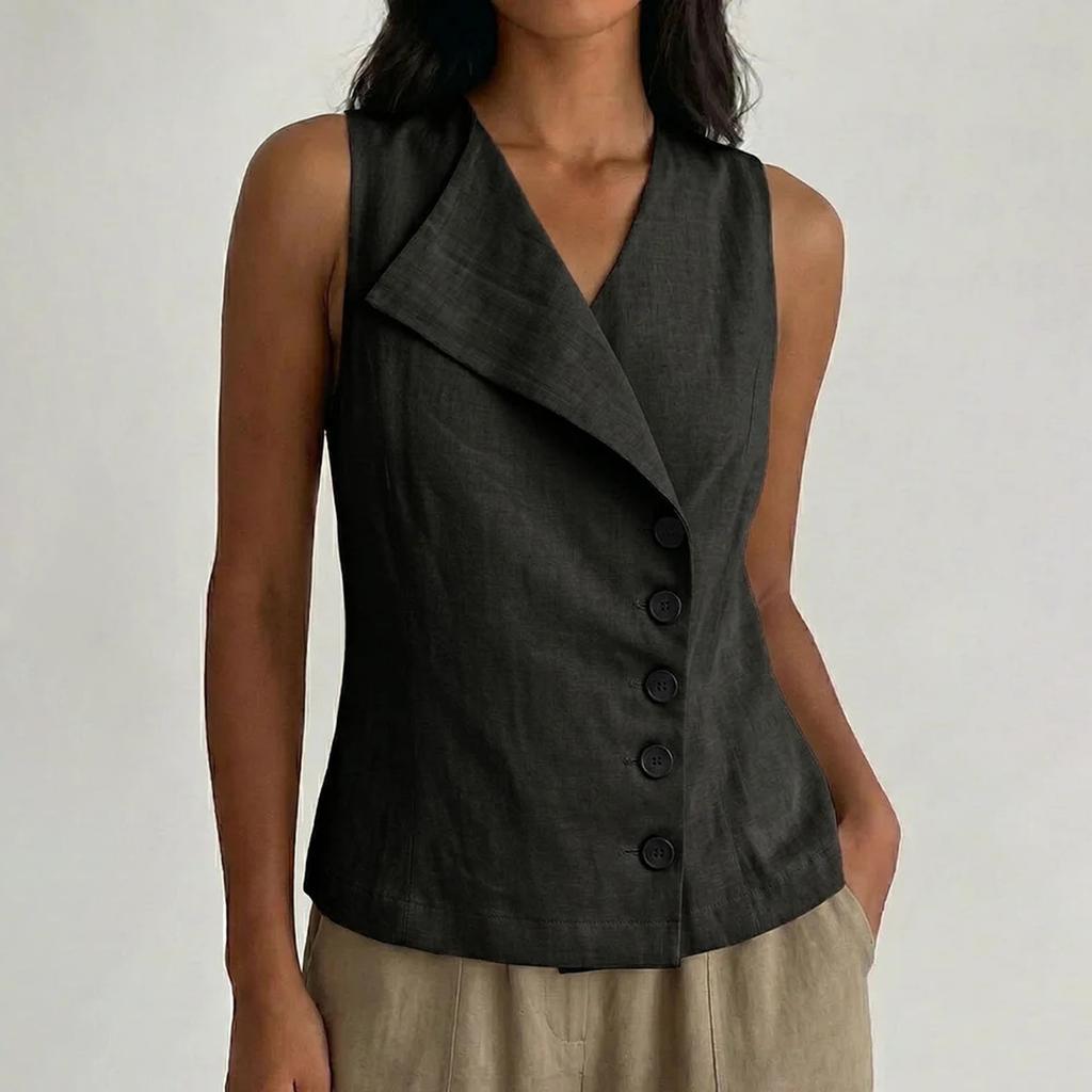 Women's Linen Blend Sleeveless Vest Top, Asymmetric Collar Button Down Blouse, Casual Summer Tank Top