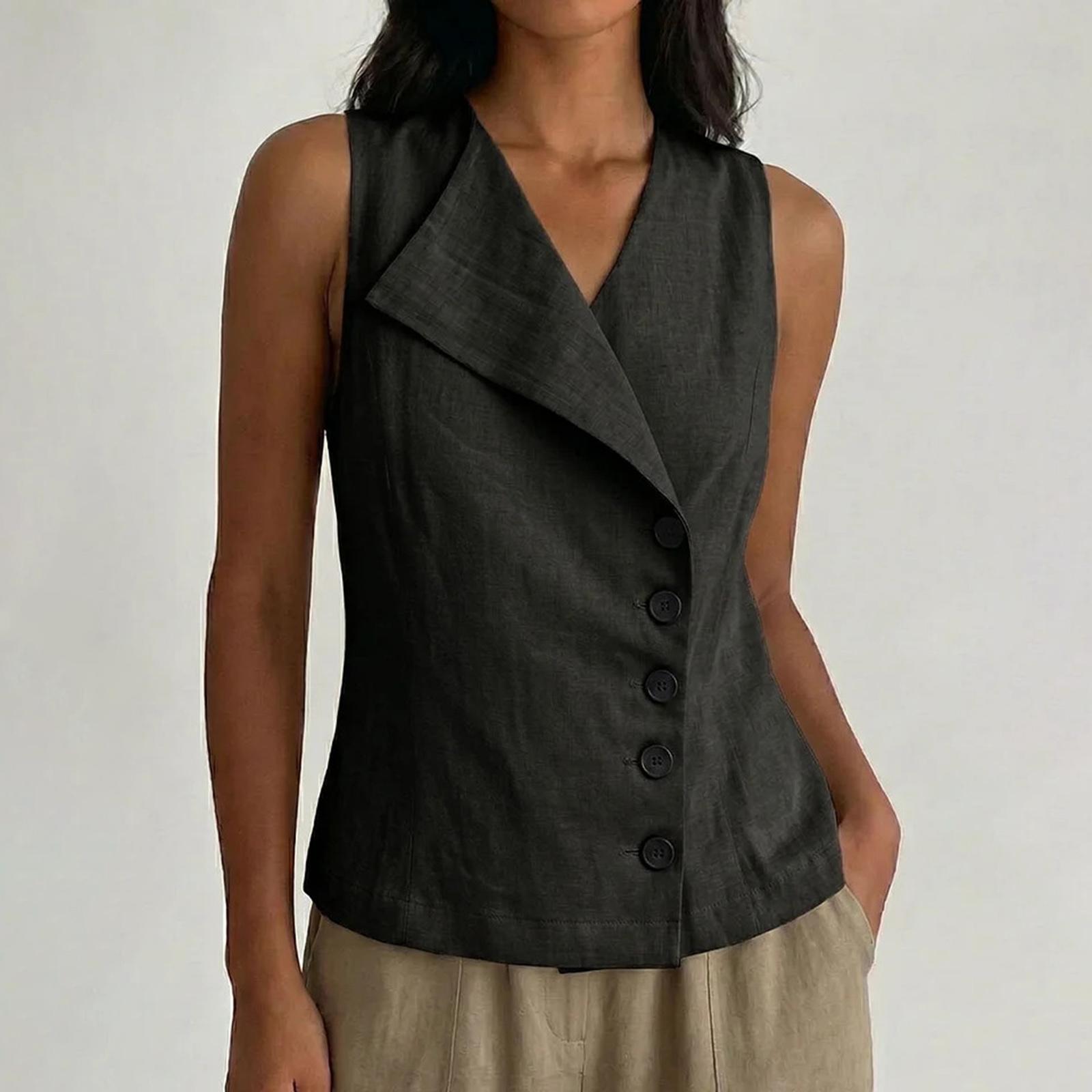 Women s Linen Blend Sleeveless Vest Top, Asymmetric Collar Button Down Blouse, Casual Summer Tank Top L чёрный