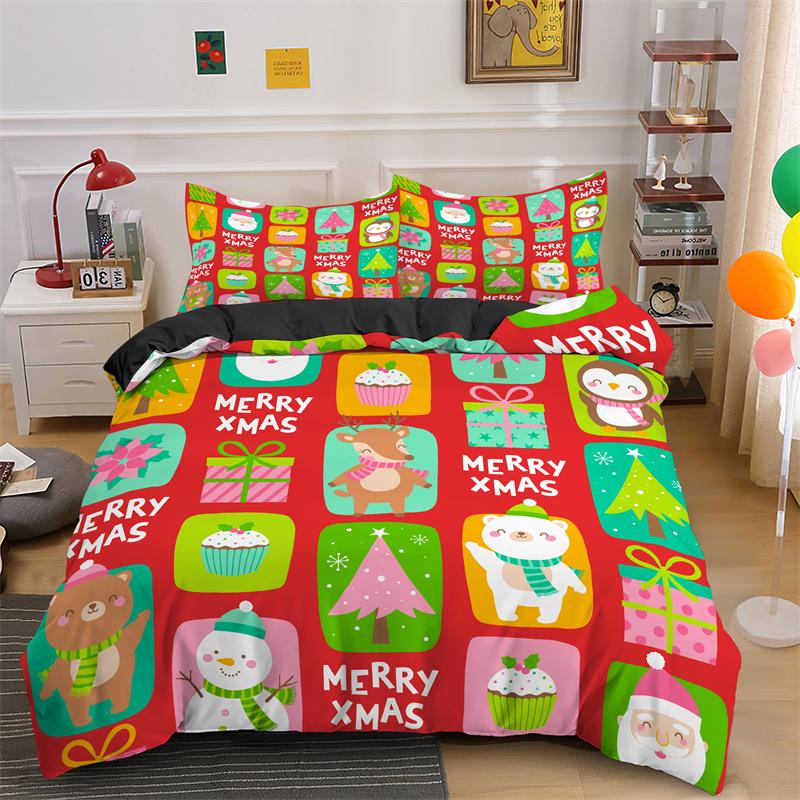 3D God Jul Kung Drottning Sängklädesset Barn Tecknad Jultomte Snögubbe Ren Täcköver XMAS Påslakan Polyester Quiltöverdrag