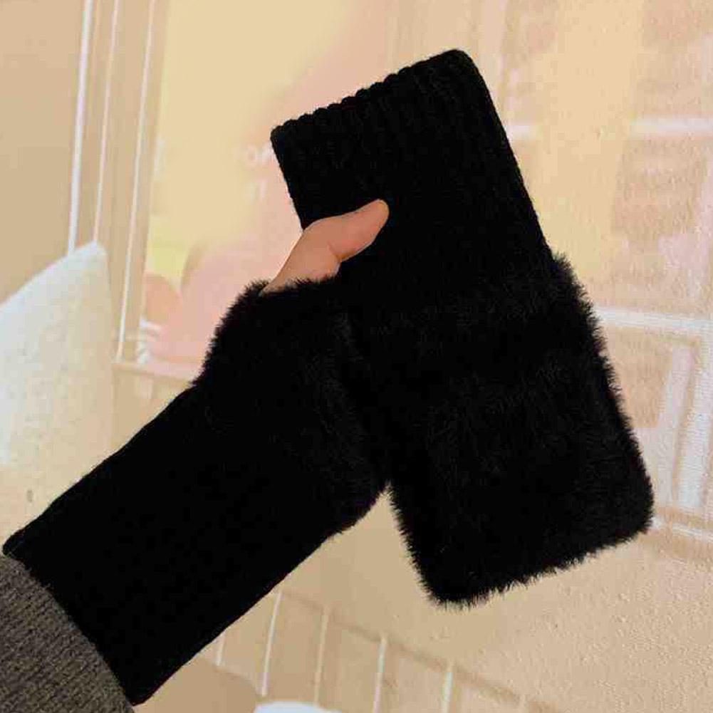 Halbfinger-Fäustlinge Winter Faux Fur Halbfingerhandschuhe für Damen Handgelenkwärmer mit Daumenloch, Flauschige Fleece-Fingerlose Handschuhe