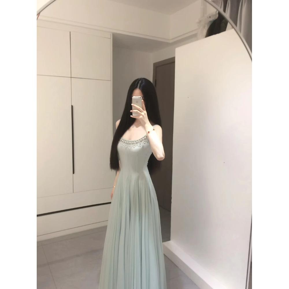 

Женское летнее повседневное новое красивое платье, платье с инкрустацией бриллиантами в тяжелой промышленности на талии, платье на бретелях XL- (recommended 110-60kg)