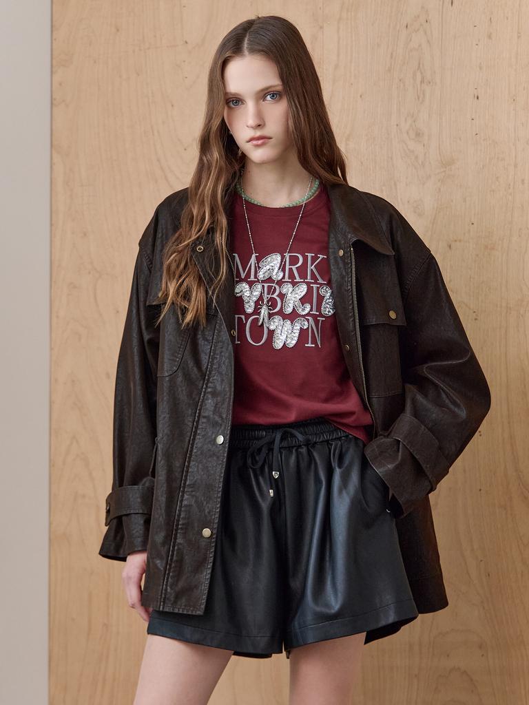 Maxza Pitch-Finished Cracked Faux Leather Work Jacket
