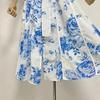 2023 Autumn Stand Collar Puff Sleeve Belted Print Long Dress for Women