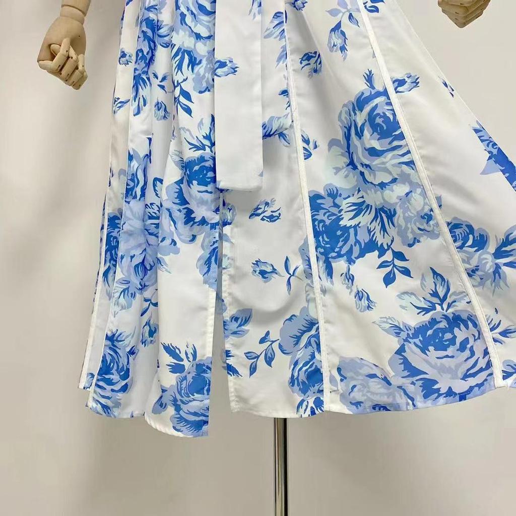 2023 Autumn Stand Collar Puff Sleeve Belted Print Long Dress for Women