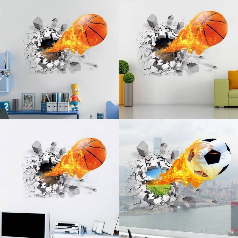 Kids Bedroom Wall Art Sticker With Fire Basketball Pattern Pvc Selfadhesive For Decor