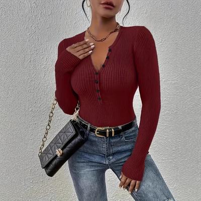 Langärmeliges Damen-Strick-T-Shirt Einfarbig Figurbetont und Dünn Vielseitiger Langarm-Pullover Strickpullover