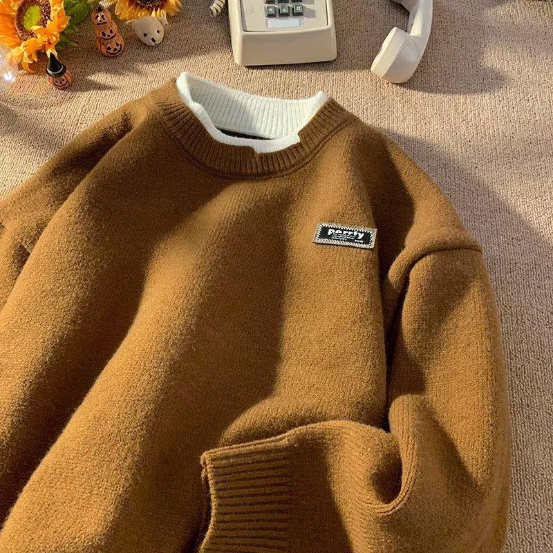 

Couple s Knitted Sweater Men s Casual Fake Two-piece Lazy Style Autumn and Winter Loose Trendy Round Neck Sweater Bottoming Shirt M