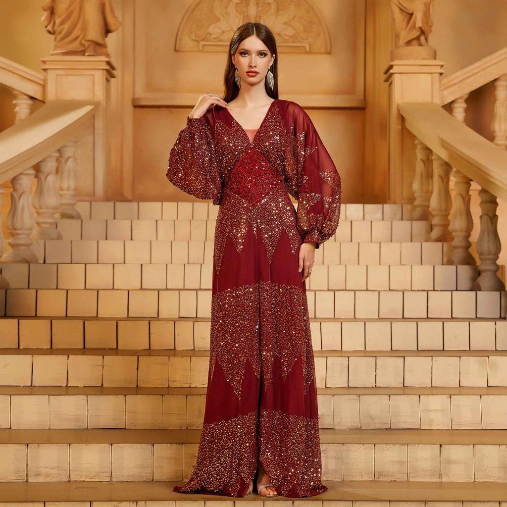 Sizzling European & American Chiffon V-Neck Sequin Evening Gown with Slit & Waist-Cinching Long Sleeves