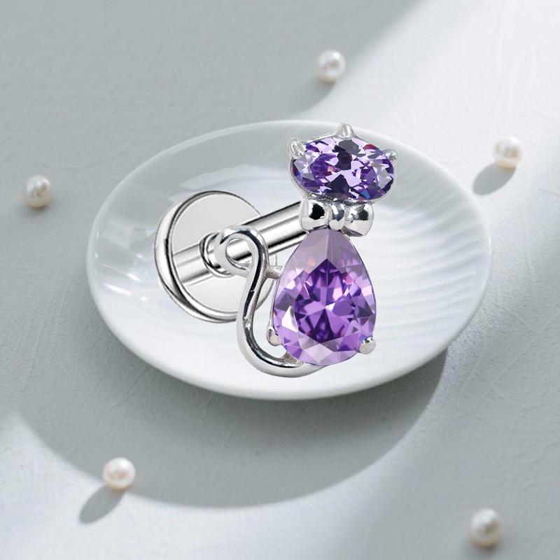 Herzförmiger Katzen-Ohrknochen-Stecker Piercing Schmuck mit lila Zirkon G23 Titan - Designer-Stil, Modisch, Schlicht.