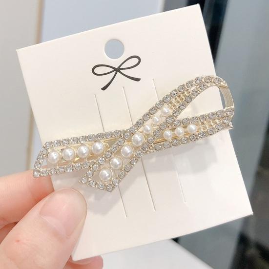 Women Hairpin Bow Shape Faux Pearl Rhinestone Faux Crystal Decor Hollow Out Exquisite Anti-slip Sparkling Luxury Hair Decoration Hair Clip