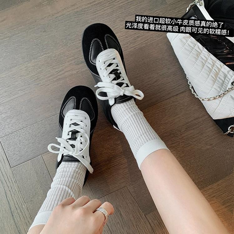 Sheepskin Version~ Retro German Training Shoes Women's Color Matching Lace-up Round Head Casual Sports Board Shoes Versatile Height-increasing For