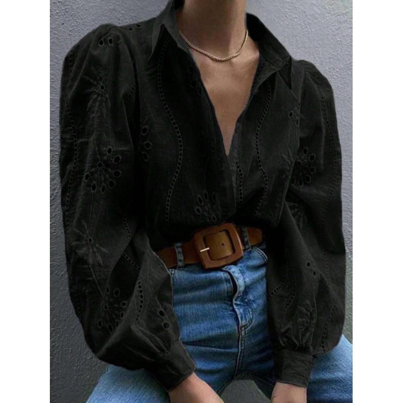 European and American retro hollow embroidered long-sleeved shirt women's summer loose and thin bubble sleeve long-sleeved shirt women's top