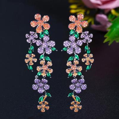CMM Retro Style Colored Flowers AAA Zircon Super Long Drop Earrings