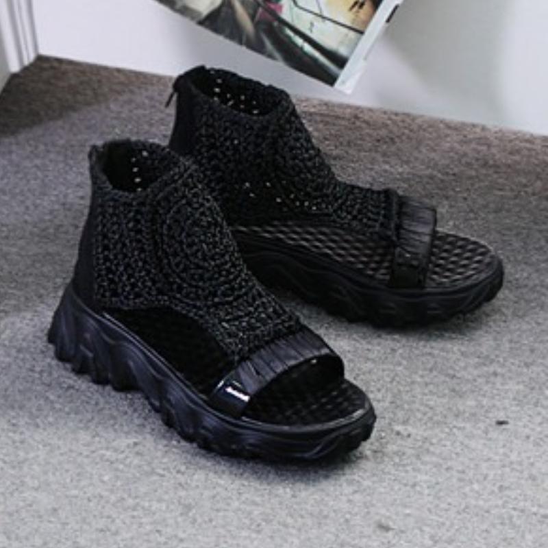 Fashion 2025 Sandals Women Braided Geometric Wedge Sandals Knitted Elastic Summer Shoes Mesh Flat Sandals Hollow Female Platform Shoes