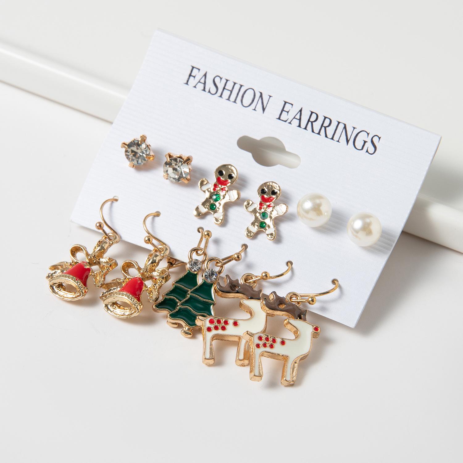 Праздничный набор из 6 пар рождественских серег: Дизайны Санты, Елки, Снеговика и Колокольчика