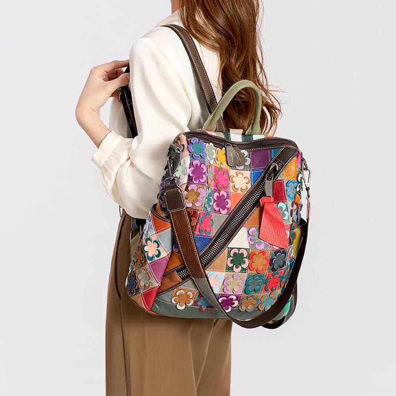 Bohemian Trendy Leather Handmade Bag, Three Dimensional Flower Romantic Backpack, Original Design