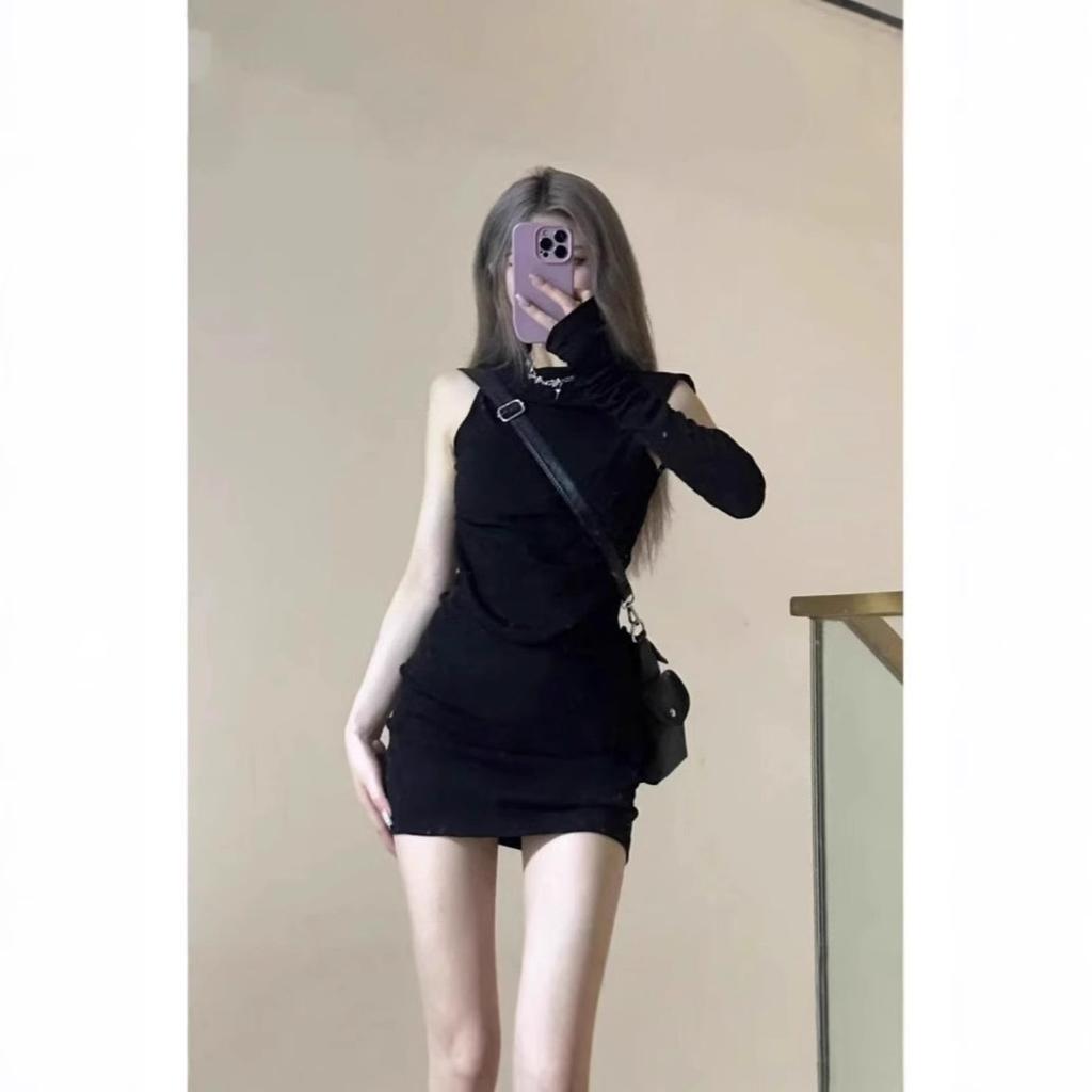 [] Pure desire style sexy sleeveless dress summer black small short dress hooded design hip skirt