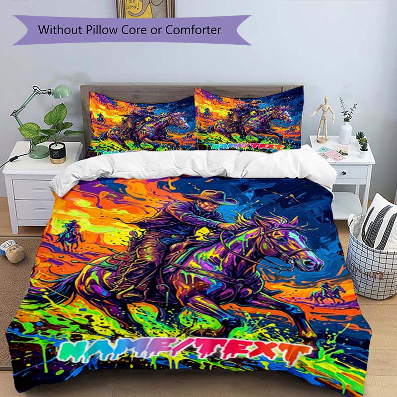 3PC Custom Name Cowboy Wild Horse Bedding Set Printed Bedding Set Duvet Cover Closure Includes 1 Duvet Cover & 32 Pillowcases for Bedroom