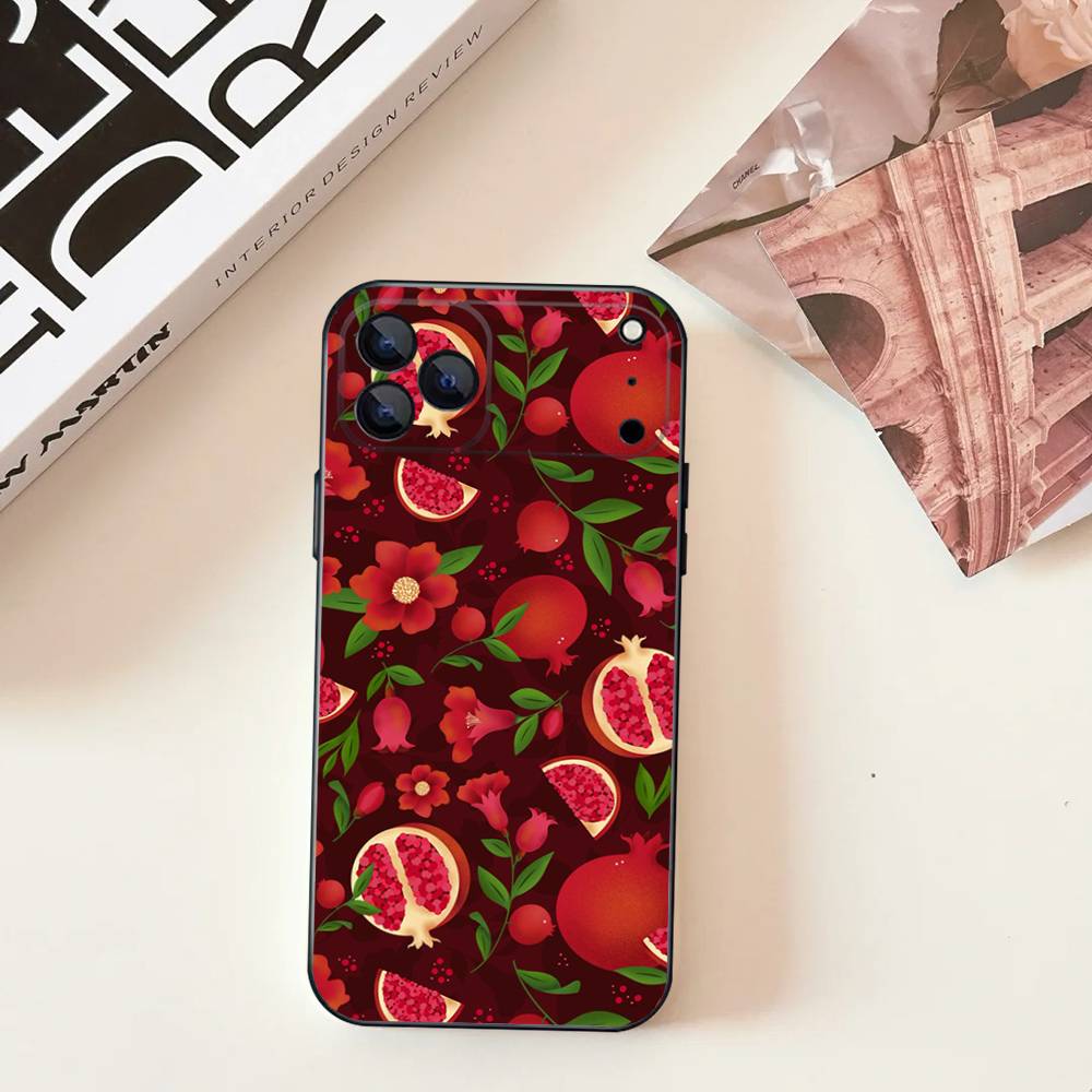 Pomegranate Flower Pattern For iPhone 17,16,15,14,13,12,11,Pro,Max,Plus,E,SE4,Air,Mini Black Soft Cover Phone Case