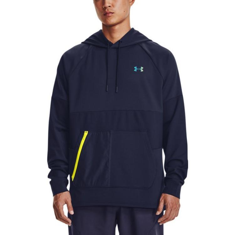 Under Armour Rush Solid Color Logo Print Drawstring Hooded Long Sleeve Sweatshirt Men Sweatshirt Dark-Blue 1370450-410