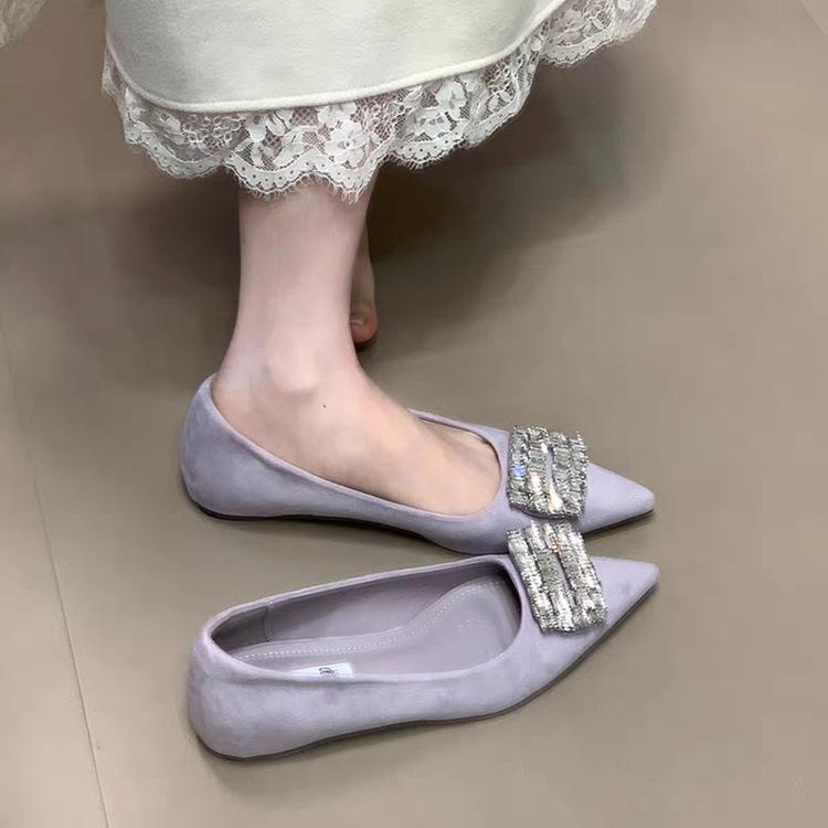 French Beautiful Fashion Inner Height Increase Versatile Evening Shoes Shallow Mouth Rhinestone Square Buckle Ladyshoes Pointed Temperament Commuter