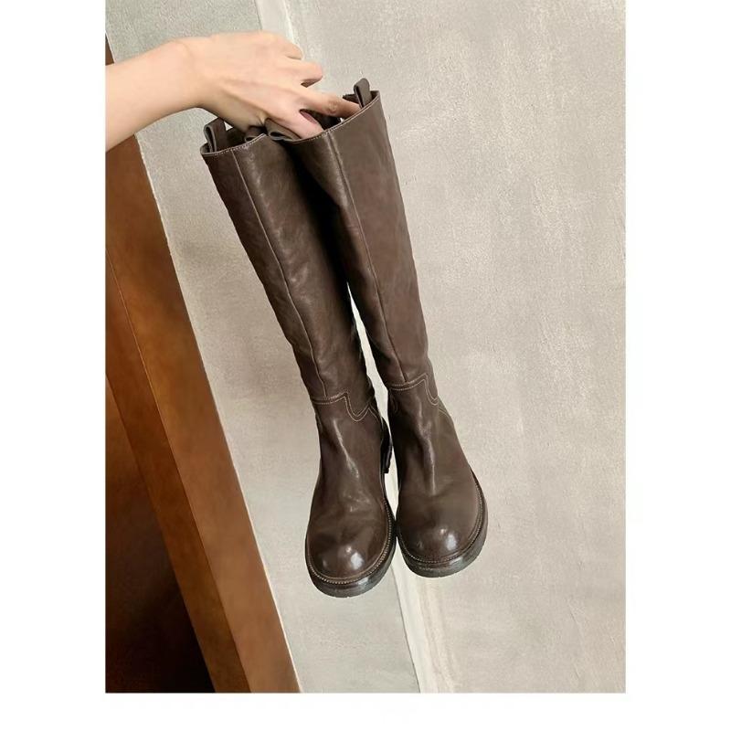 Cowhide Version~ Retro Pleated Thick-soled Long Knight Boots Women's Thin Leather High Boots