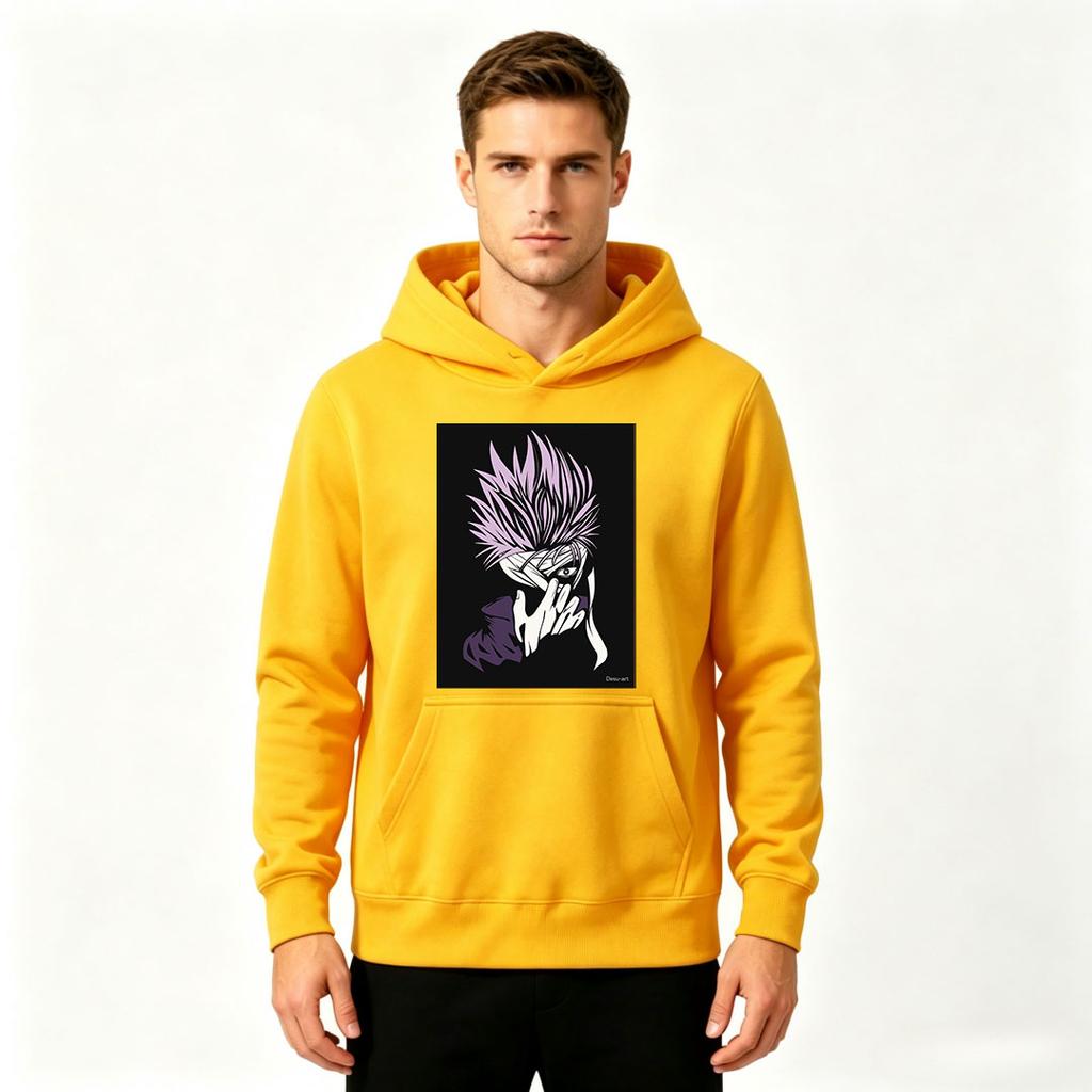 Men Anime Spiky Purple Hair Character Print Pullover Hoodie Casual Long Sleeve Streetwear Sweatshirt