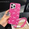 Luxury INS Pink Bow Soft Phone Chain Lanyard Case For iPhone 17 16 15 14 13 12 Pro Max 11 Plus Shockproof Lichee Pattern Covers