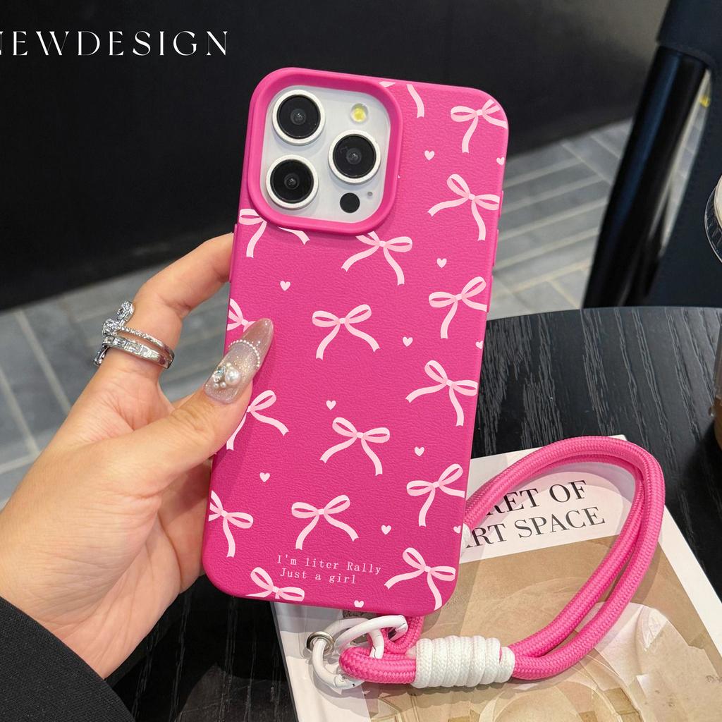 Luxury INS Pink Bow Soft Phone Chain Lanyard Case For iPhone 17 16 15 14 13 12 Pro Max 11 Plus Shockproof Lichee Pattern Covers