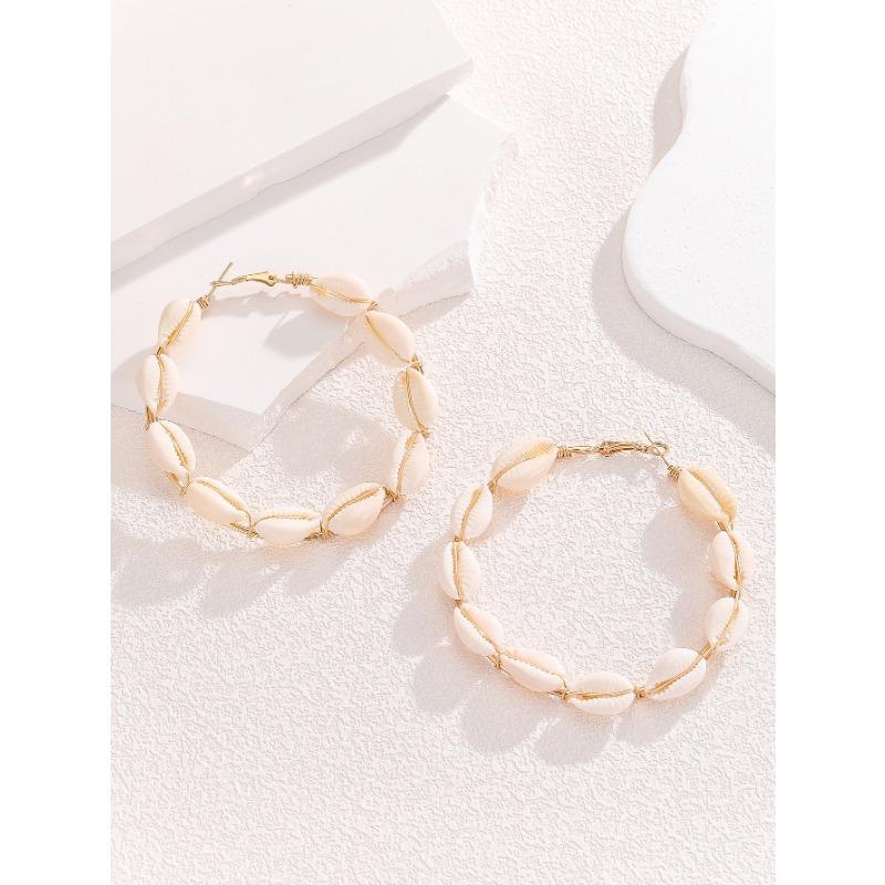 Exaggerated Handmade Woven Shell Large Circle Earrings For Women Summer Beach Vacation